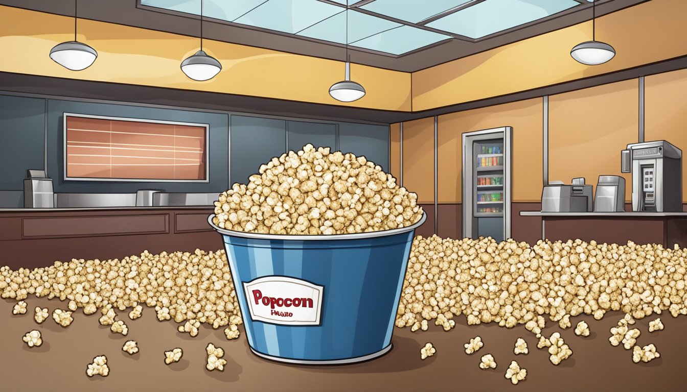 A large bucket of popcorn sits on a counter at a movie theater concession stand. The popcorn is freshly popped and ready for customers