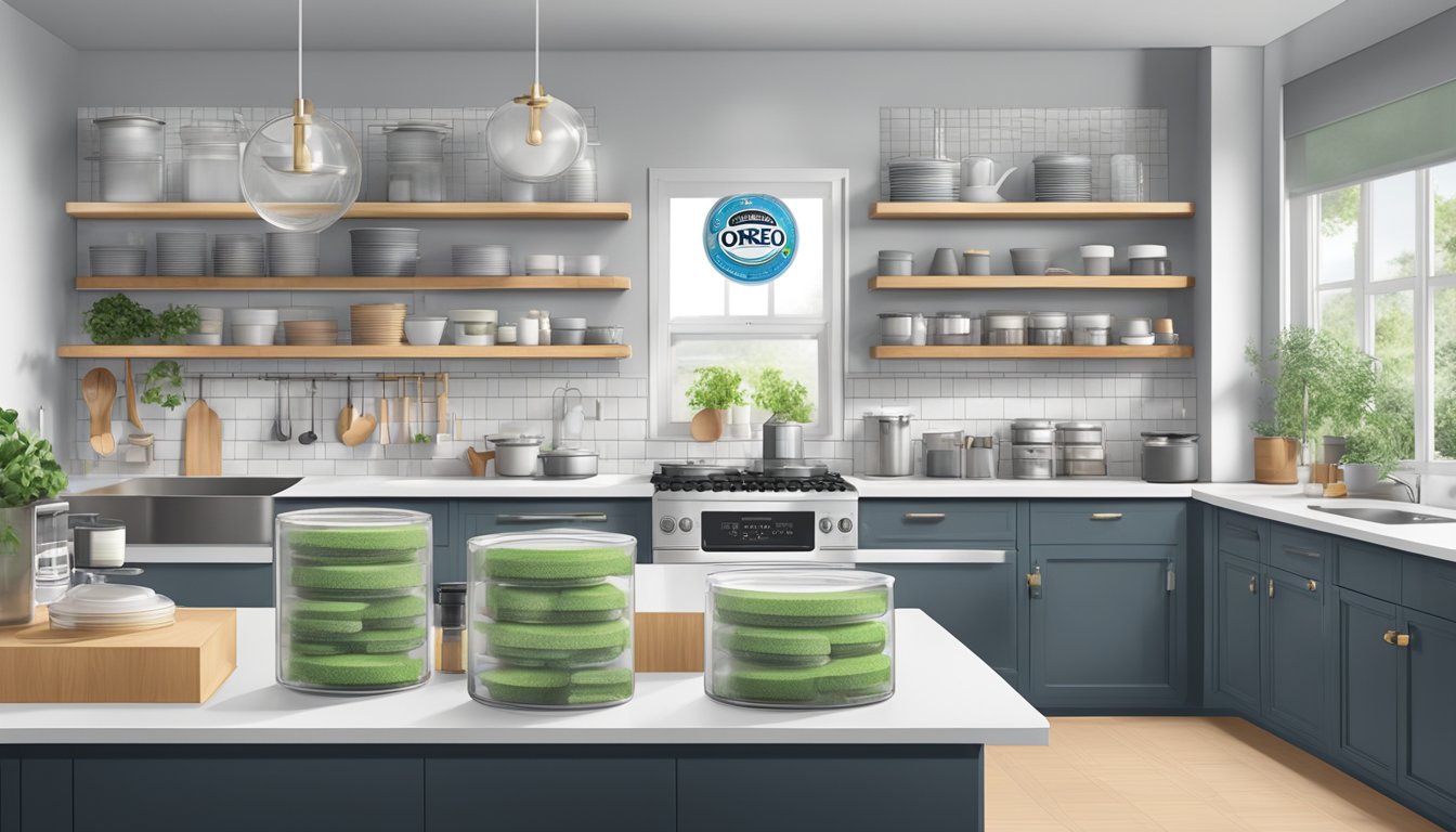 A clean, organized kitchen with separate workstations for vegan and non-vegan ingredients. Oreo packaging with a visible vegan certification label