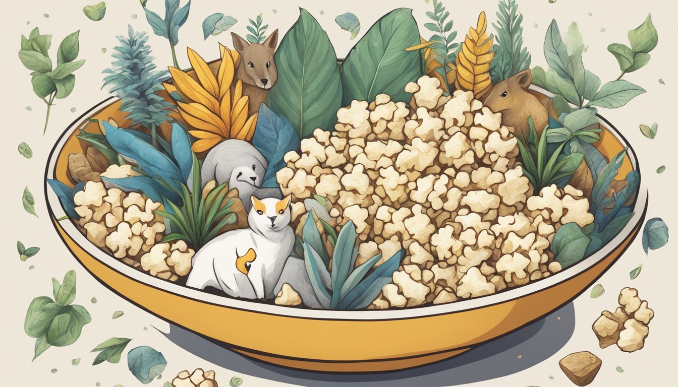 A bowl of popcorn surrounded by images of plants, animals, and ethical symbols