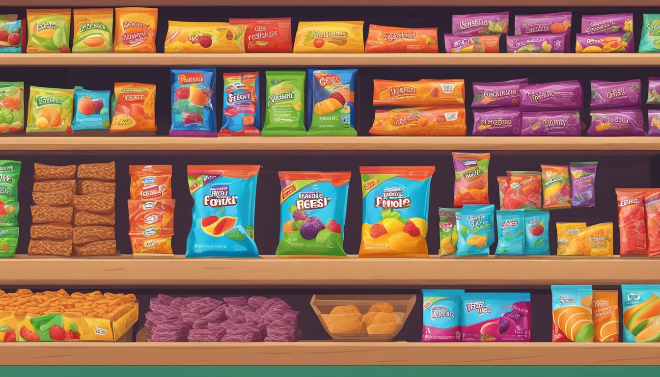 A colorful display of fruit roll-ups on a market shelf, surrounded by various other snack items