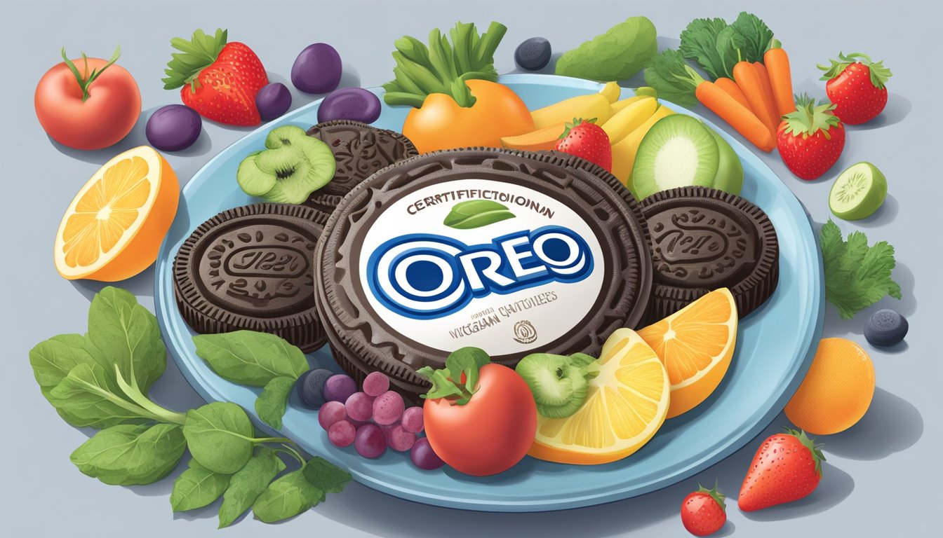 A plate of oreos surrounded by various fruits and vegetables, with a nutrition label and vegan certification displayed prominently