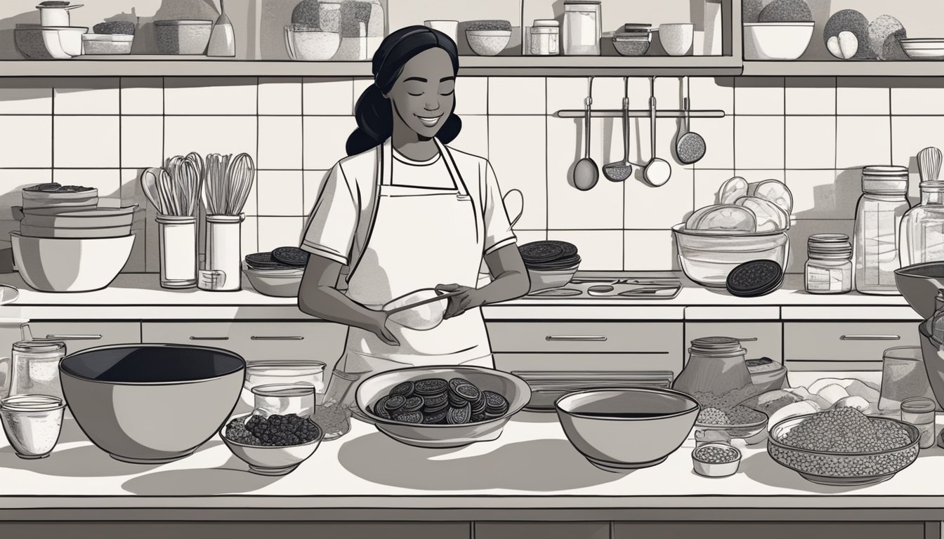 A person in a kitchen, surrounded by mixing bowls, measuring cups, and a variety of ingredients, including Oreos. They are seen baking and cooking, with a focus on the Oreos