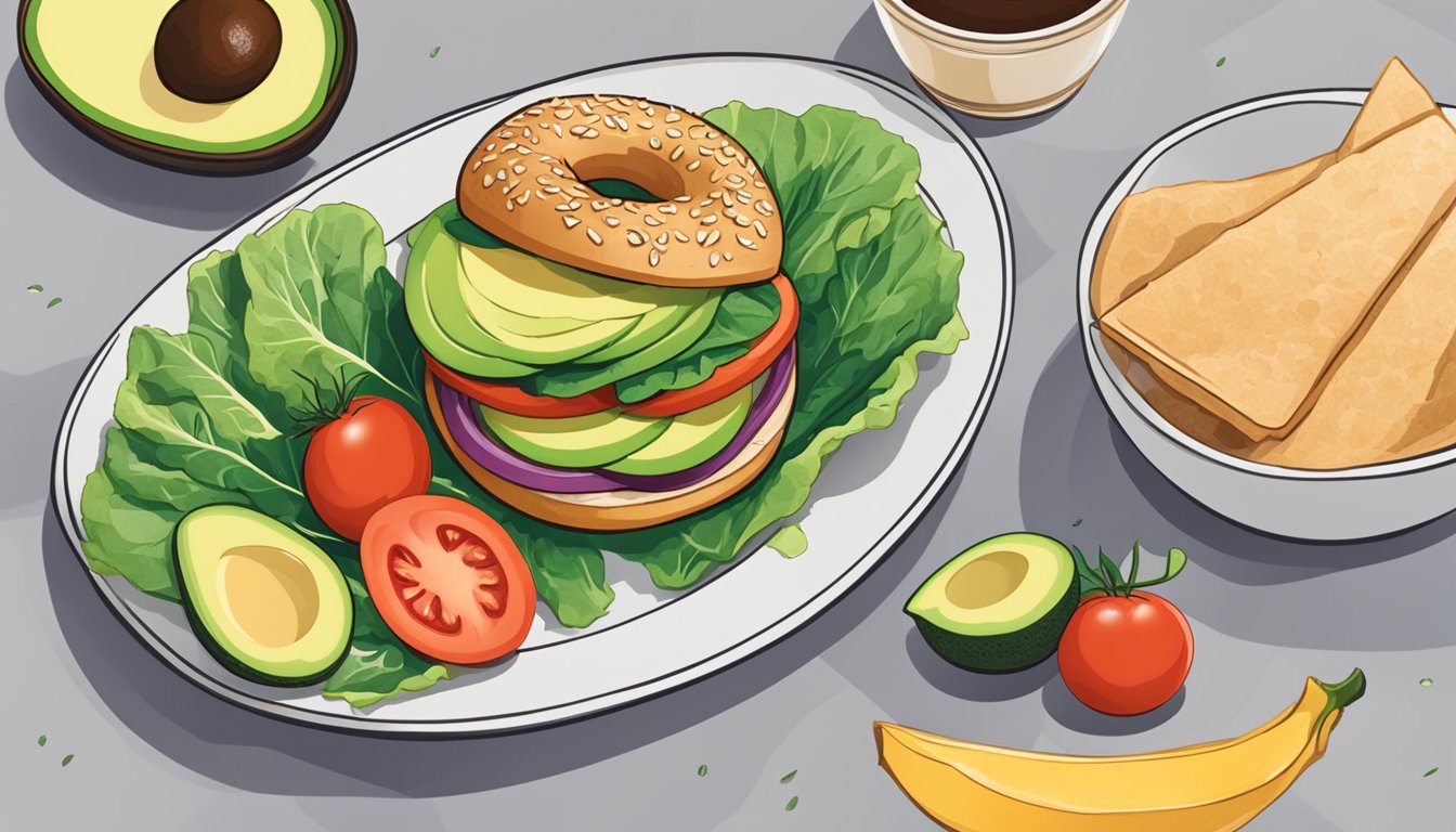 A plate with a sliced vegan bagel, surrounded by ingredients like avocado, tomato, lettuce, and hummus