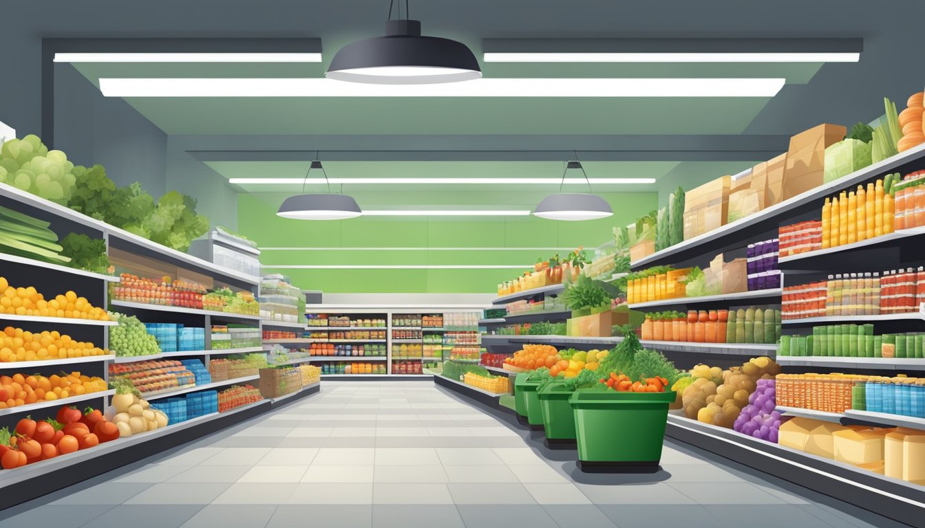 A bustling grocery store with bright, spacious aisles and shelves stocked with a wide variety of fresh produce, packaged goods, and household items