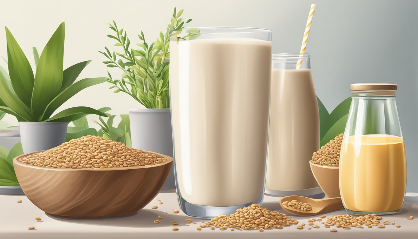 A carton of flax milk surrounded by flax seeds, a bowl of cereal, and a plant-based smoothie