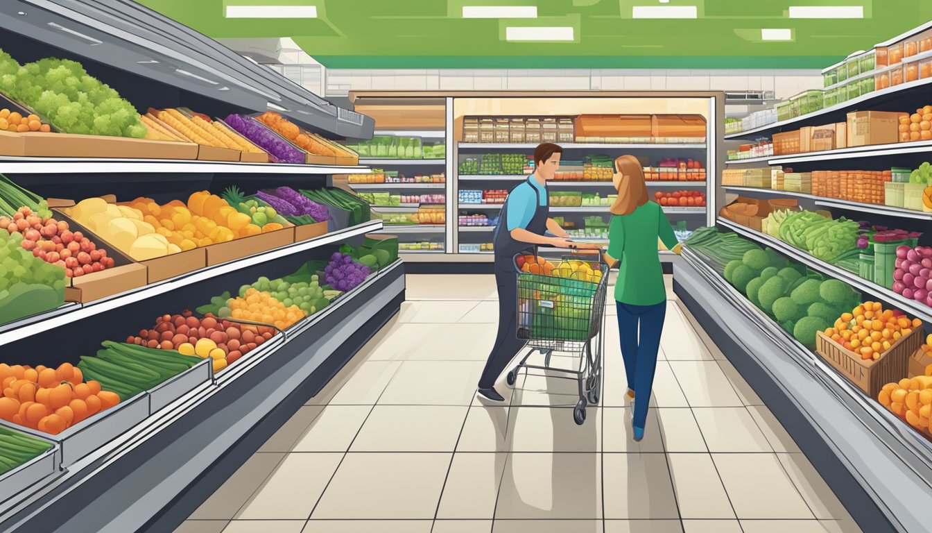 Busy grocery store with bright, organized aisles and friendly staff assisting customers. Fresh produce, wide selection, and clean environment create a positive shopping experience