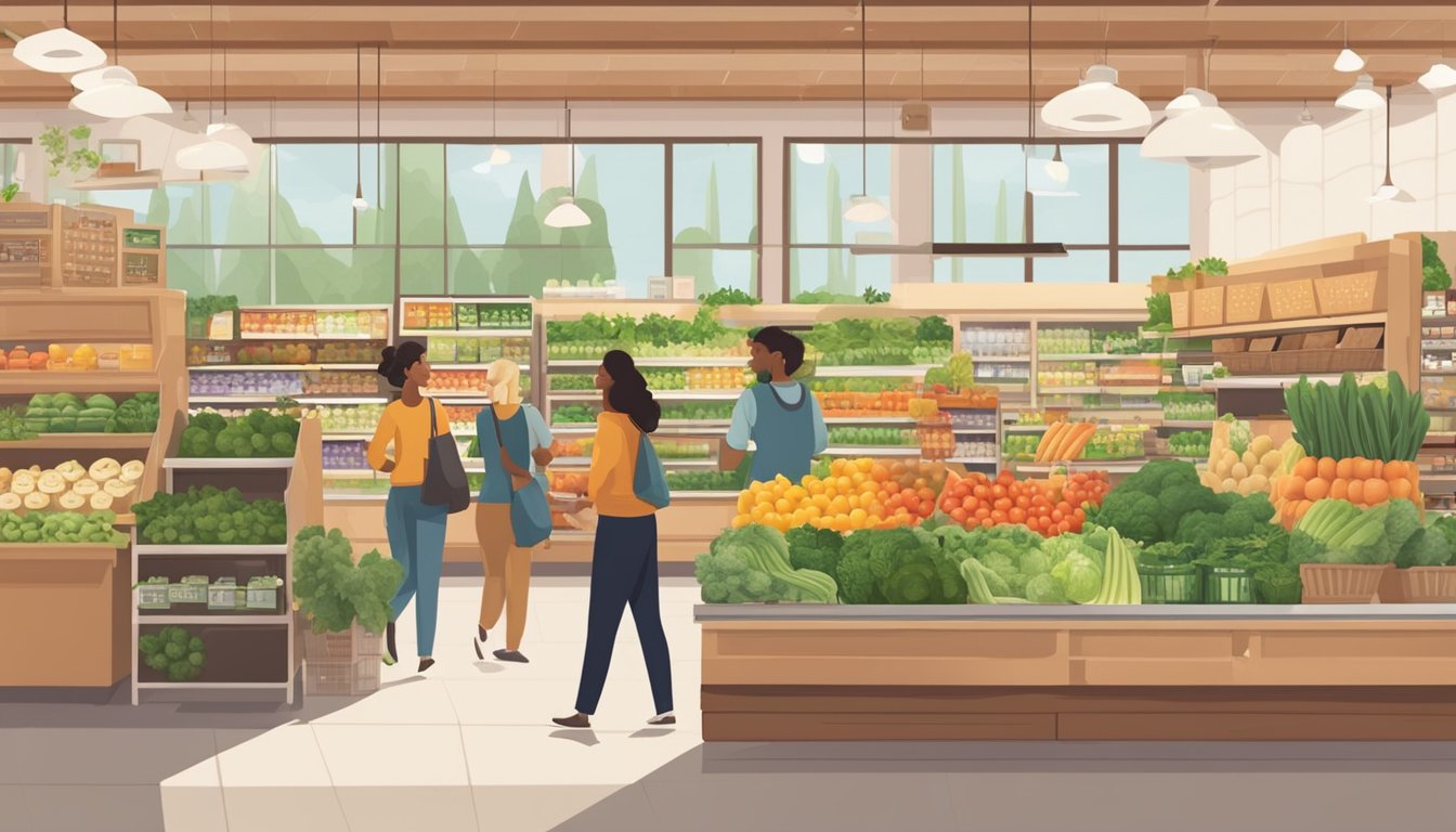 A bustling grocery store with eco-friendly signage, reusable bags, and organic produce displays. Customers engage with friendly staff promoting sustainable practices