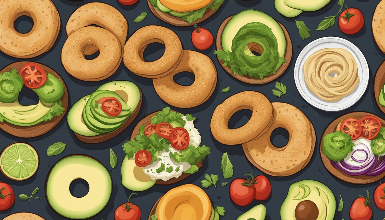 A variety of bagels with vegan toppings, such as avocado, hummus, and fresh vegetables, are displayed on a wooden cutting board