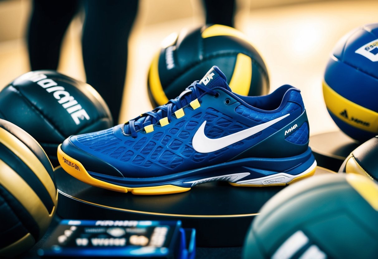 A volleyball shoe displayed with high-quality materials and advanced technology, surrounded by other athletic gear