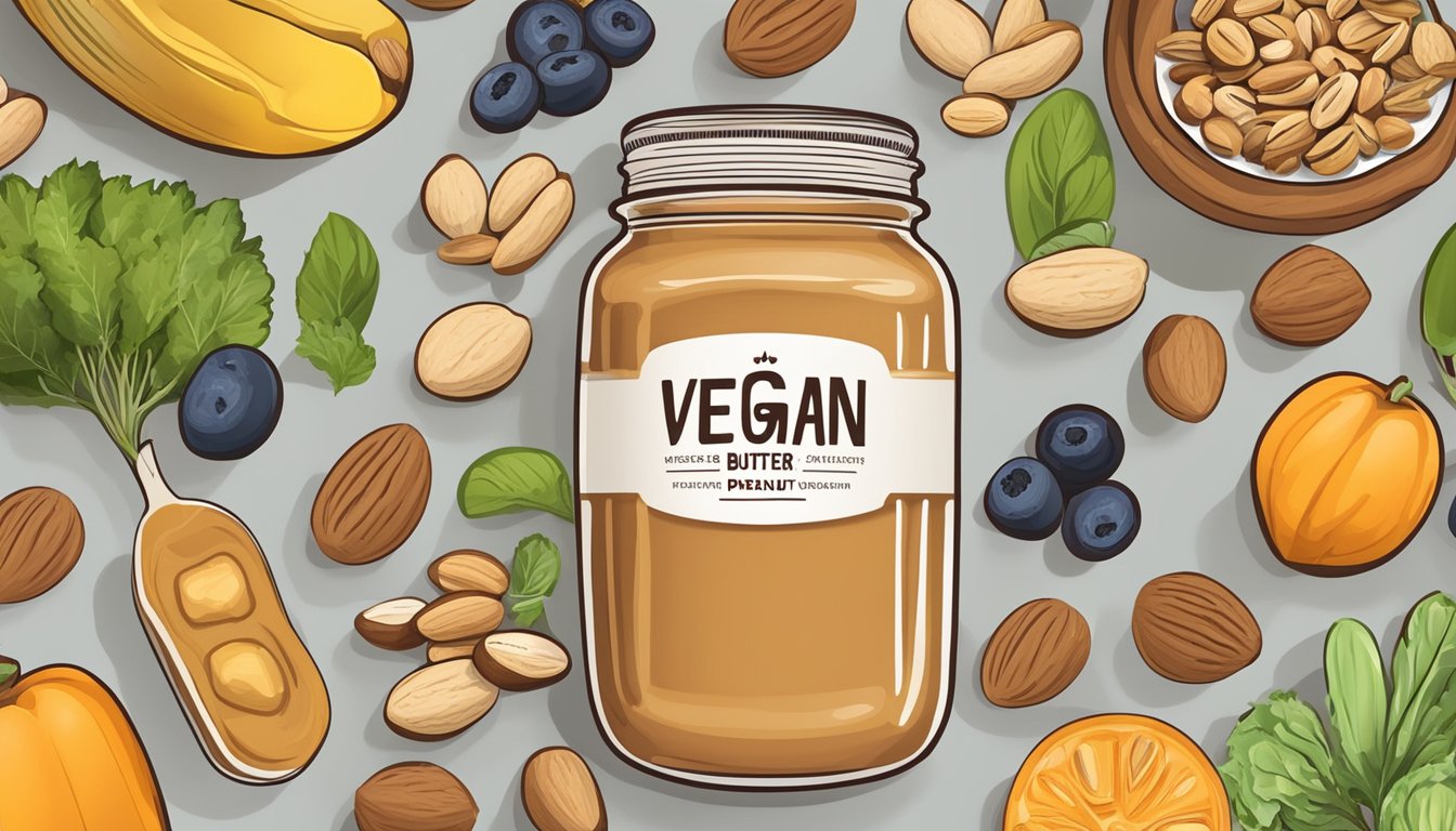 A jar of peanut butter surrounded by a variety of nuts, seeds, fruits, and vegetables, with a prominent "vegan" label