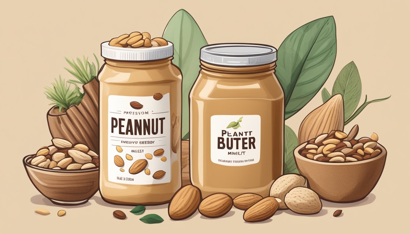 A jar of peanut butter surrounded by a variety of nuts and seeds, with a plant-based milk carton in the background