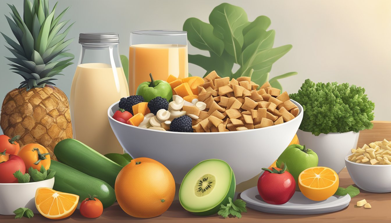 A bowl of chex mix surrounded by an assortment of fresh vegetables and fruits, with a plant-based milk carton in the background