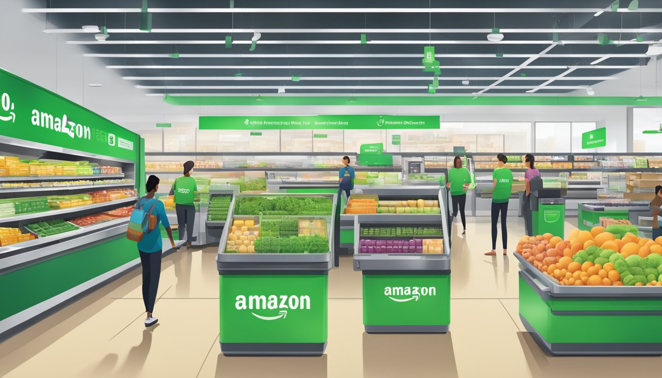 A bustling Amazon Fresh store with state-of-the-art technology, automated checkout, and innovative grocery delivery systems