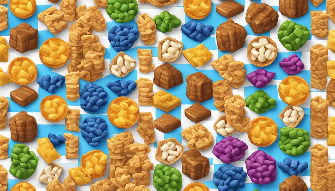 A colorful array of Chex Mix varieties arranged in a neat, appetizing display