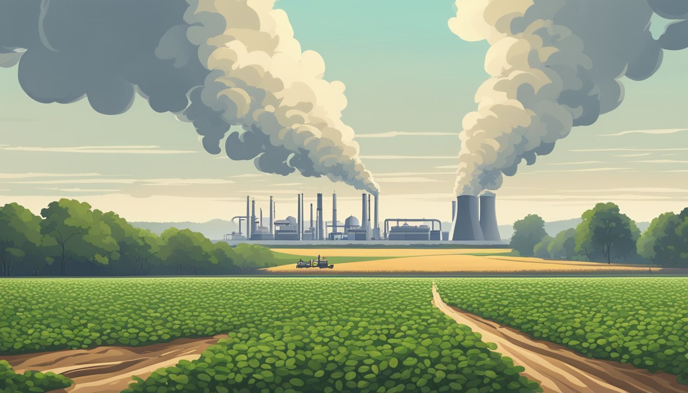 Fields of peanut plants stretching to the horizon, with a factory emitting smoke in the distance. A river runs nearby, with fish swimming in the clear water