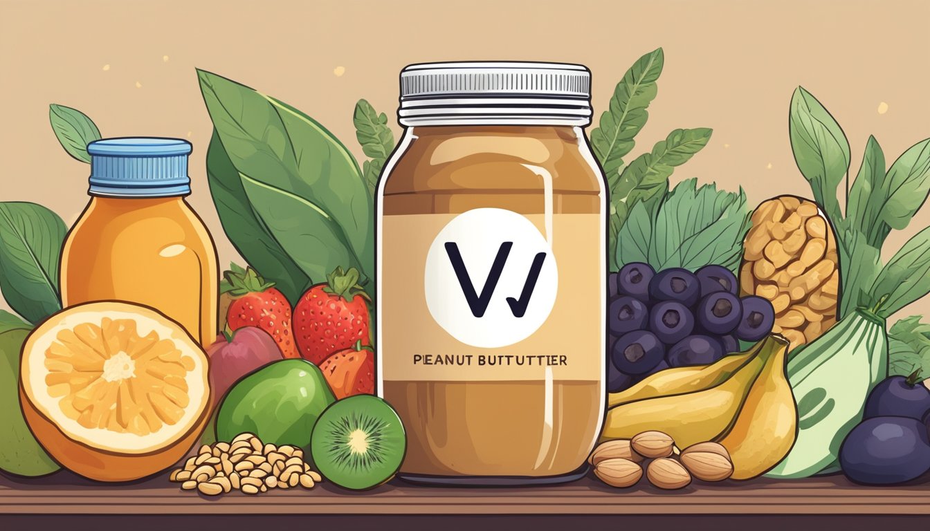 A jar of peanut butter surrounded by a variety of plant-based foods like fruits, vegetables, nuts, and grains, with a vegan "V" symbol in the background