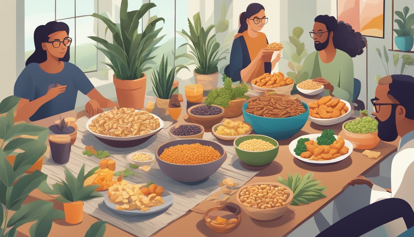 A table with a bowl of Chex Mix surrounded by various plant-based snacks and ingredients, with a lively discussion happening in the background