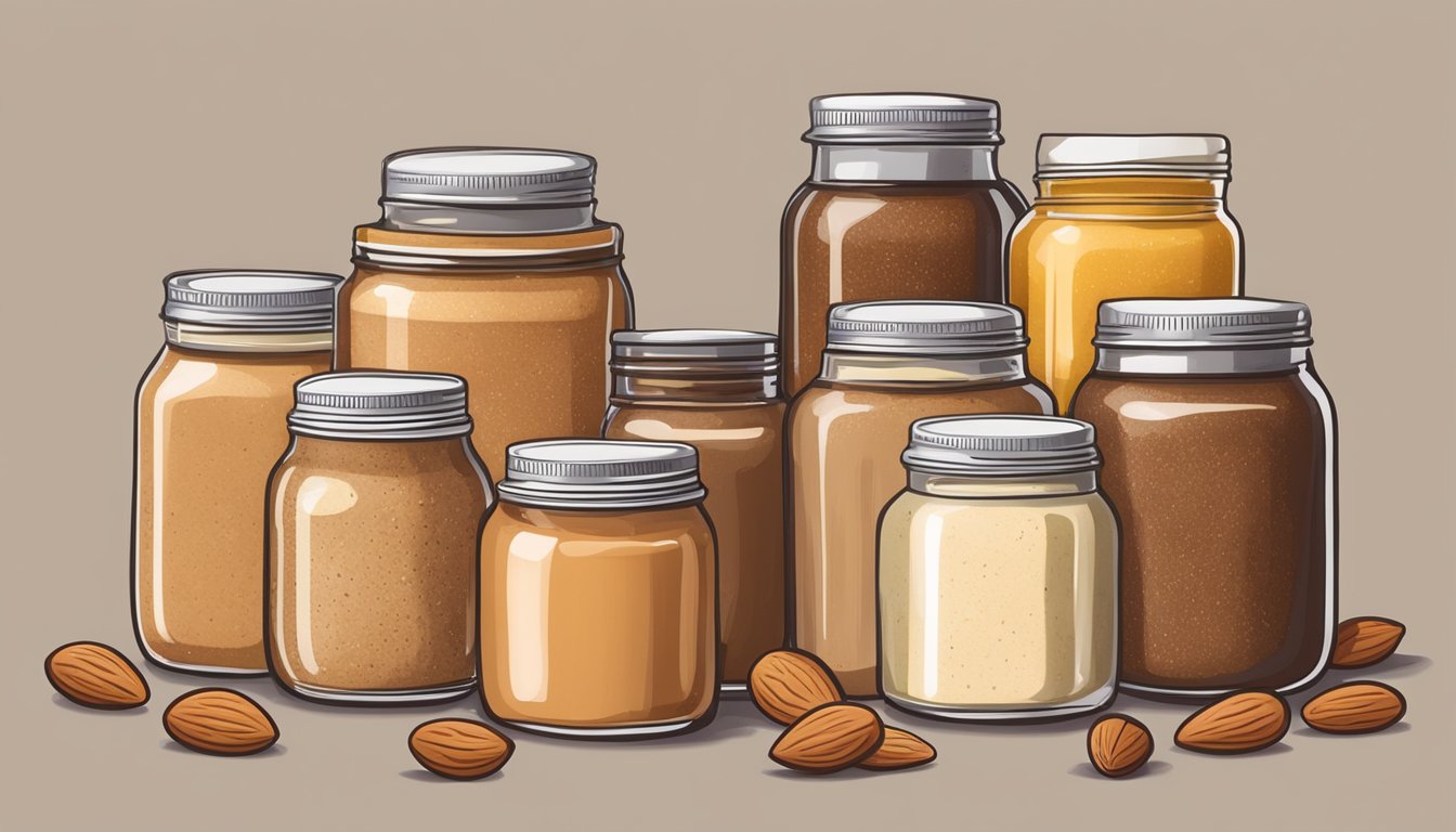 A jar of almond butter surrounded by whole almonds and a variety of alternative nut butters in different colored jars