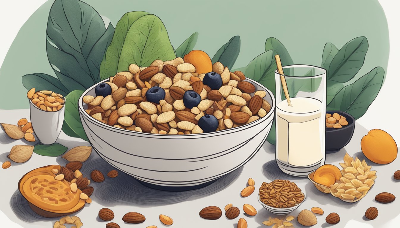 A bowl of chex mix surrounded by various vegan snacks and ingredients, such as nuts, seeds, and dried fruits, with a plant-based milk in the background