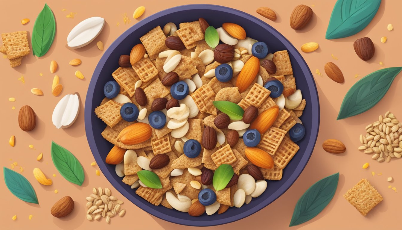 A bowl of vegan Chex Mix surrounded by colorful, plant-based ingredients like nuts, seeds, and dried fruits