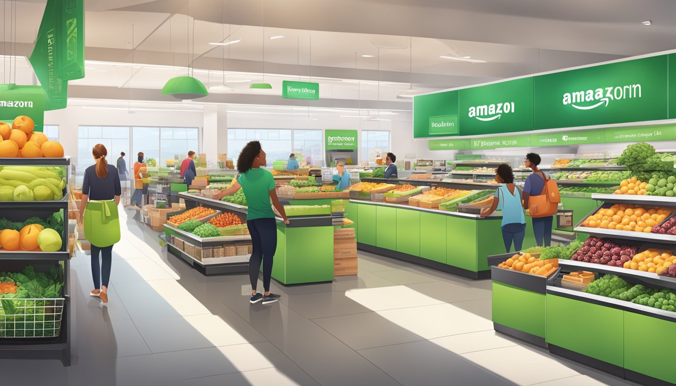 A bustling Amazon Fresh store with vibrant signage and a variety of products, showcasing competitive pricing and fees