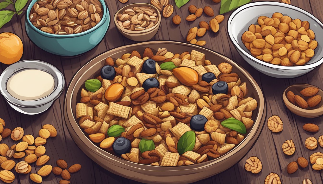 A bowl of chex mix surrounded by various vegan snacks and ingredients like nuts, seeds, and dried fruits on a wooden table