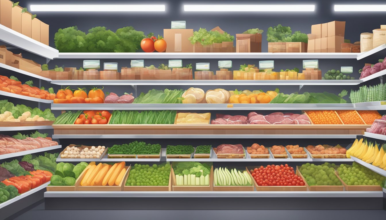 A wide variety of fresh produce, meats, and packaged goods neatly arranged on shelves in a spacious, well-lit grocery store