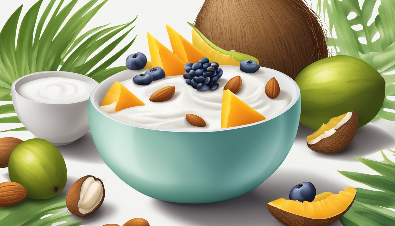 A bowl of coconut yogurt surrounded by fresh coconuts, coconut milk, and a variety of colorful fruits and nuts