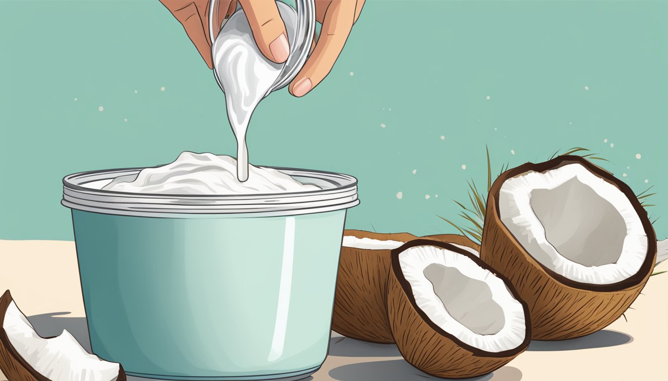 A spoonful of store-bought coconut yogurt being scooped out of a container