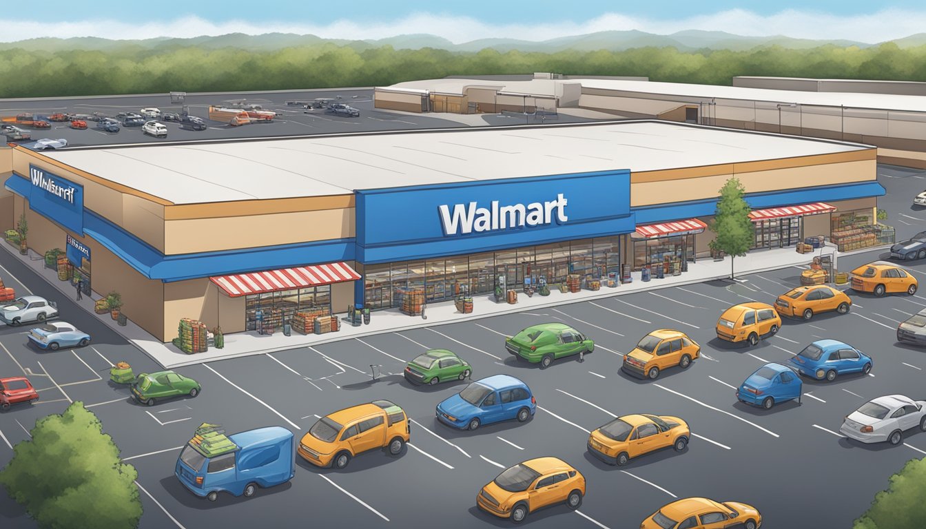 A bustling Walmart store surrounded by empty parking lots at nearby competitors, with a large "Best Grocery Store Chain" banner displayed prominently