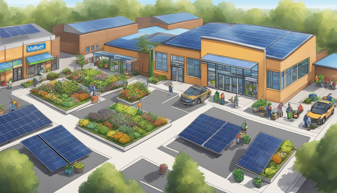 A bustling Walmart store with solar panels on the roof, recycling bins, and a community garden outside