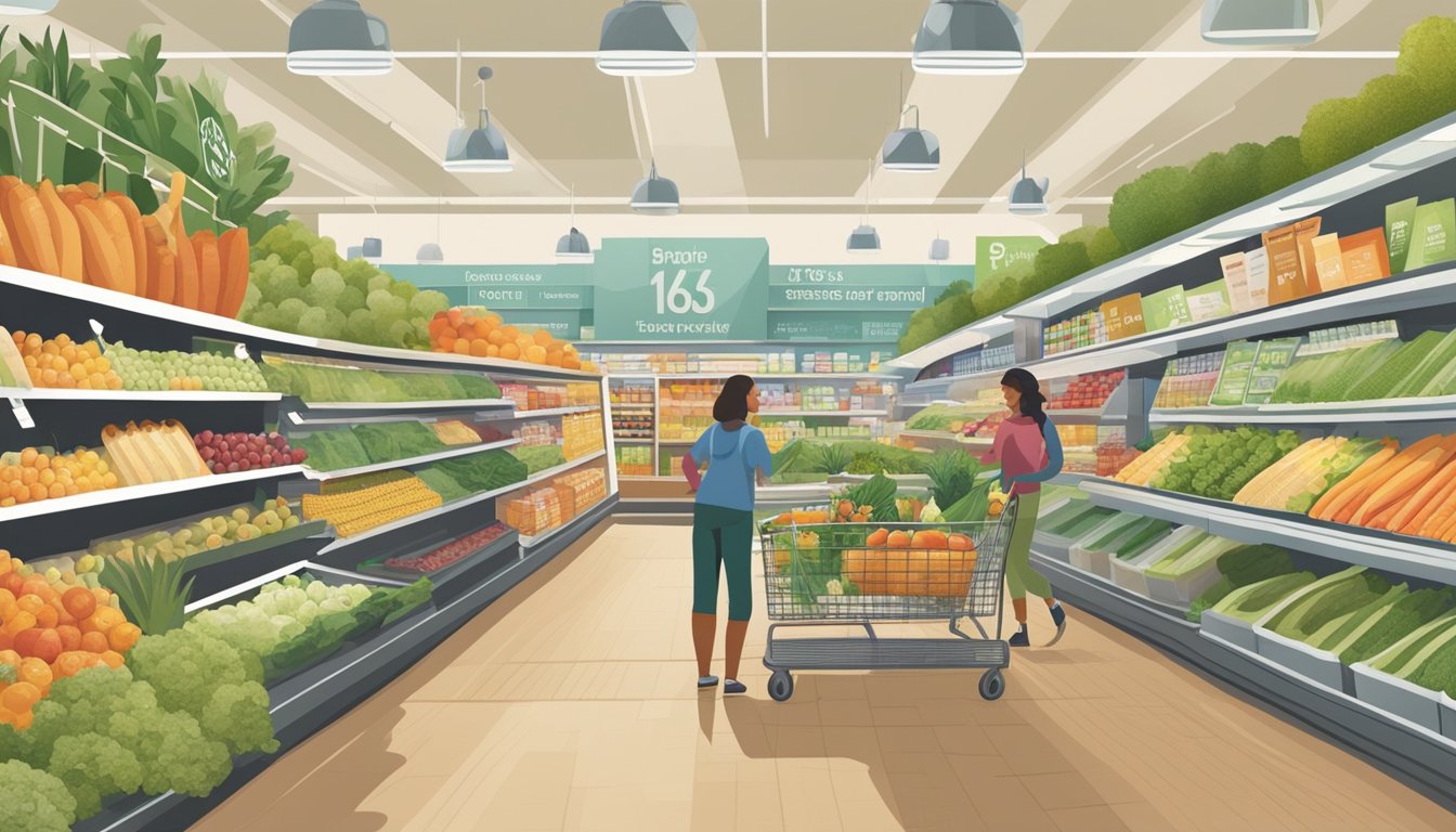 A bustling grocery store with organic produce, eco-friendly packaging, and a variety of health-conscious products. Customers browse aisles filled with sustainable options