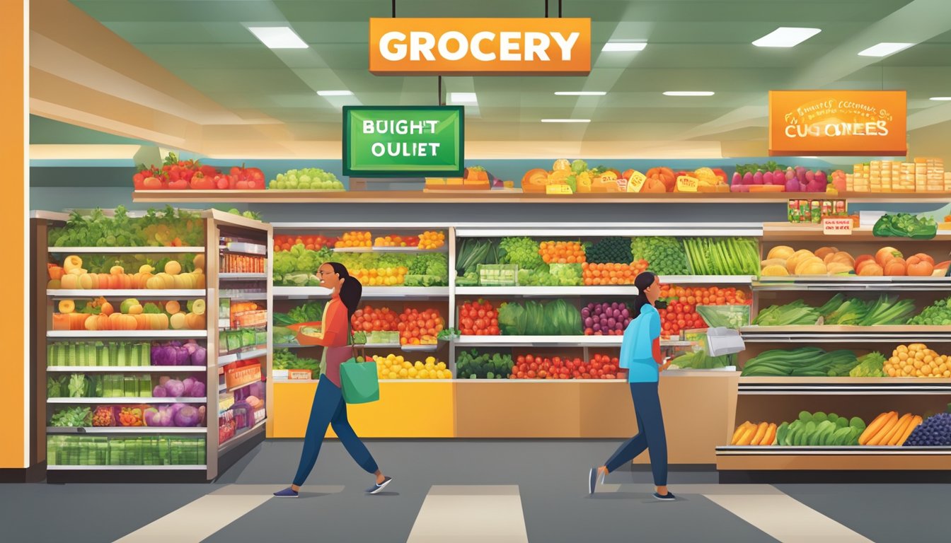 A bustling grocery outlet with vibrant displays of fresh produce, discounted goods, and happy customers. Bright signage highlights low prices and quality products