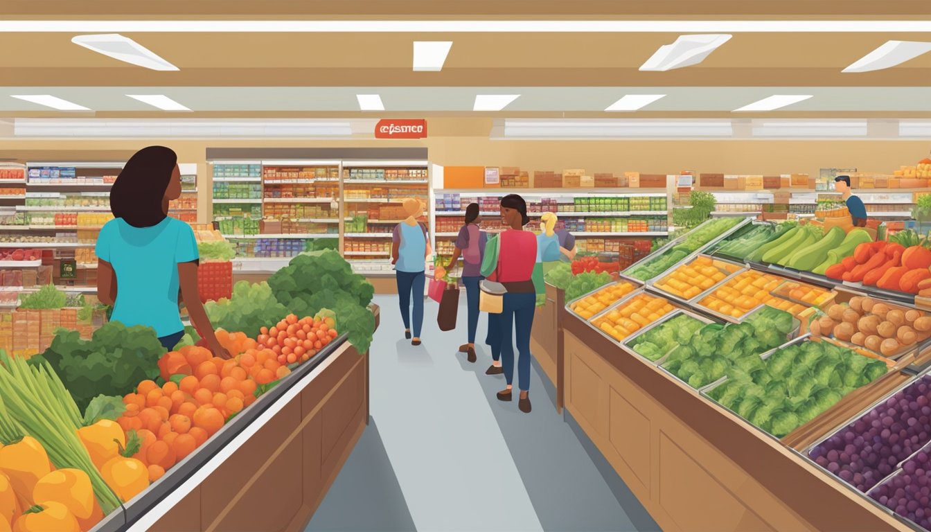 A bustling grocery outlet with fresh produce, friendly staff, and a wide variety of products. Customers happily browsing aisles and checking out at the busy registers