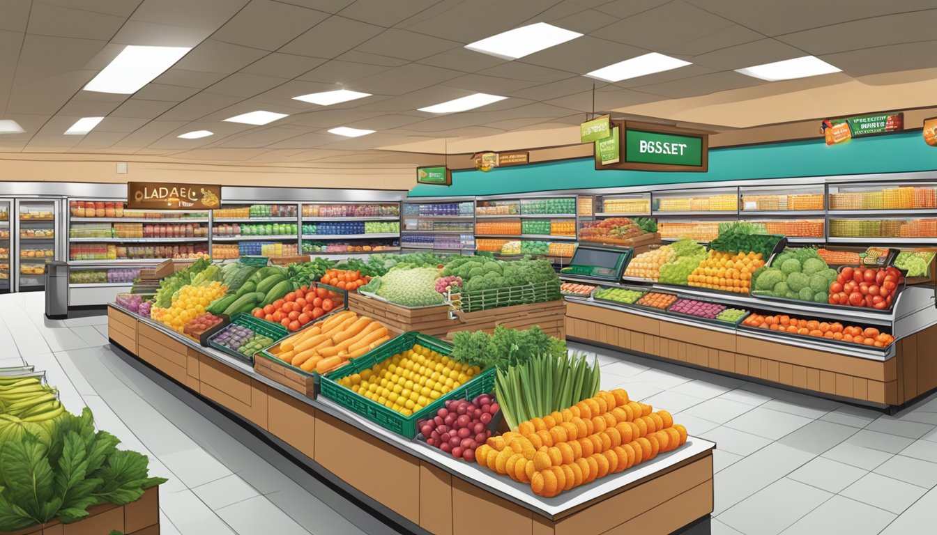 A bustling market basket store with vibrant produce, well-stocked shelves, and friendly staff assisting customers