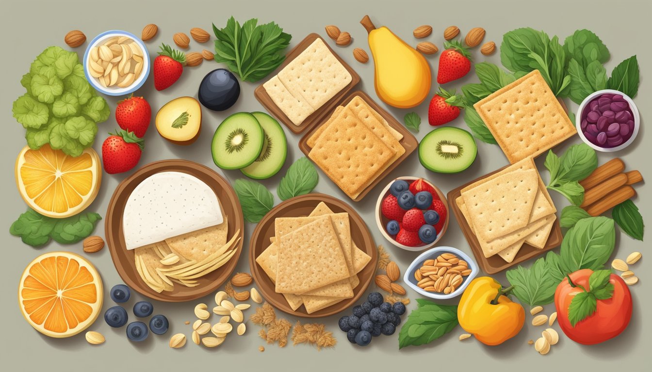 A plate of wheat crackers surrounded by various plant-based foods and ingredients, such as fruits, vegetables, nuts, and seeds