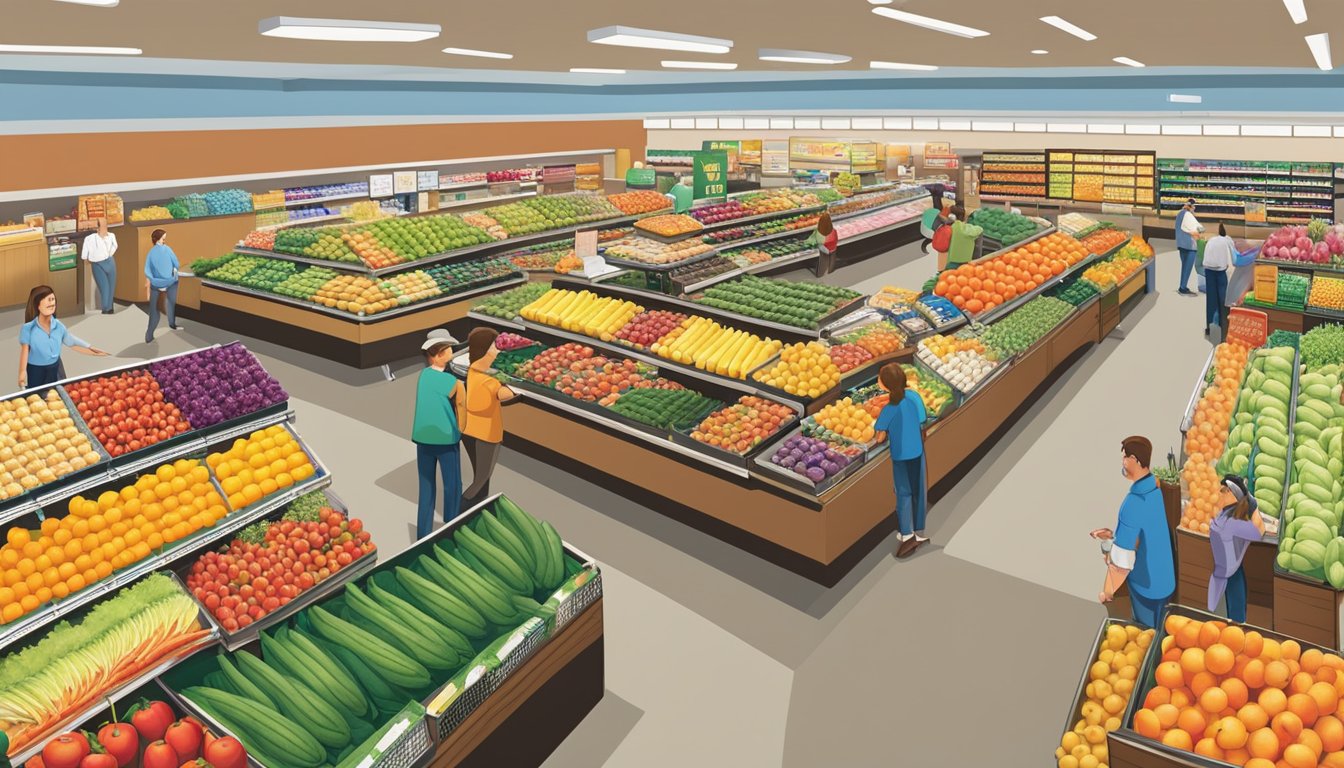 A bustling Ingles Markets store with colorful produce, neatly arranged aisles, and friendly staff assisting customers