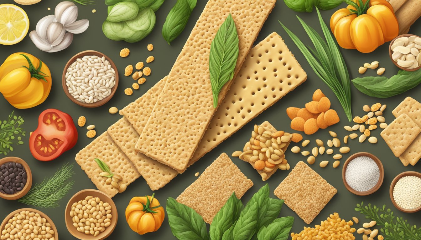 A pile of wheat crackers surrounded by various plant-based ingredients like grains, seeds, and vegetables