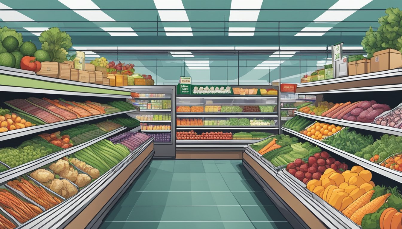 A bustling grocery store with a wide variety of fresh produce, meats, and other food items neatly displayed on shelves and in refrigerated cases. Customers happily shopping and interacting with helpful staff