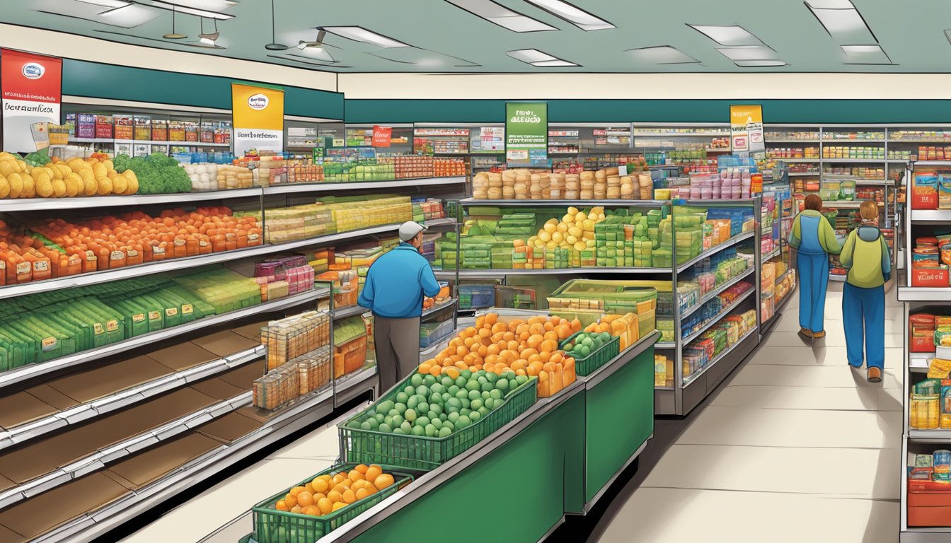 An illustration of a bustling Ingles Markets store with well-stocked shelves, busy checkout lanes, and satisfied customers