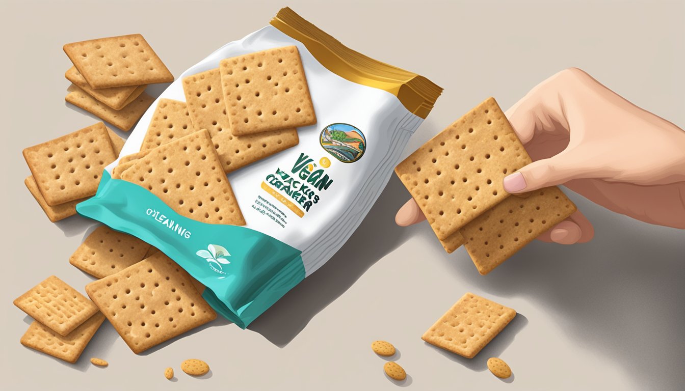 A hand reaching for a pile of wheat crackers, next to a label that reads "Vegan Crackers."