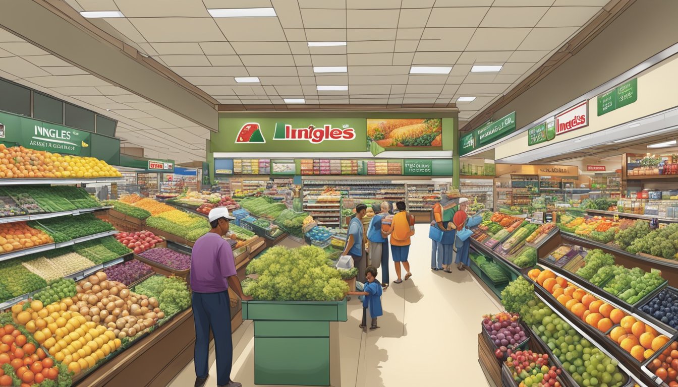 A bustling Ingles Markets store surrounded by a diverse array of landscapes, from urban to rural, showcasing its widespread geographic footprint