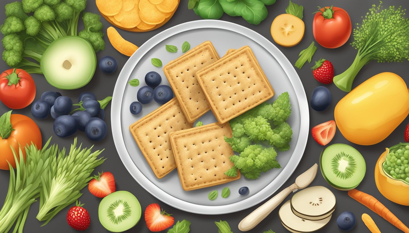 A plate of wheat crackers surrounded by various fruits and vegetables, with a "vegan" label