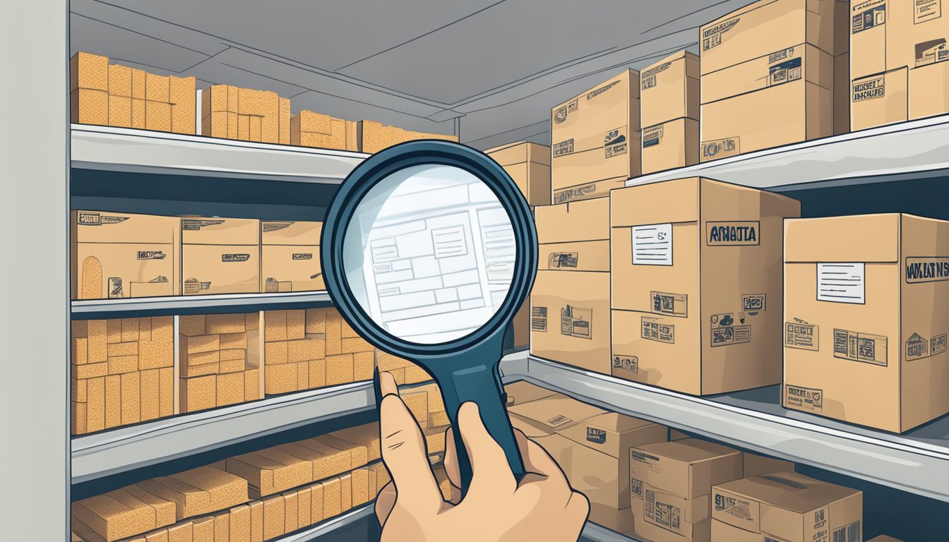 A hand holding a wheat cracker up to a magnifying glass, with shelves of labeled boxes in the background