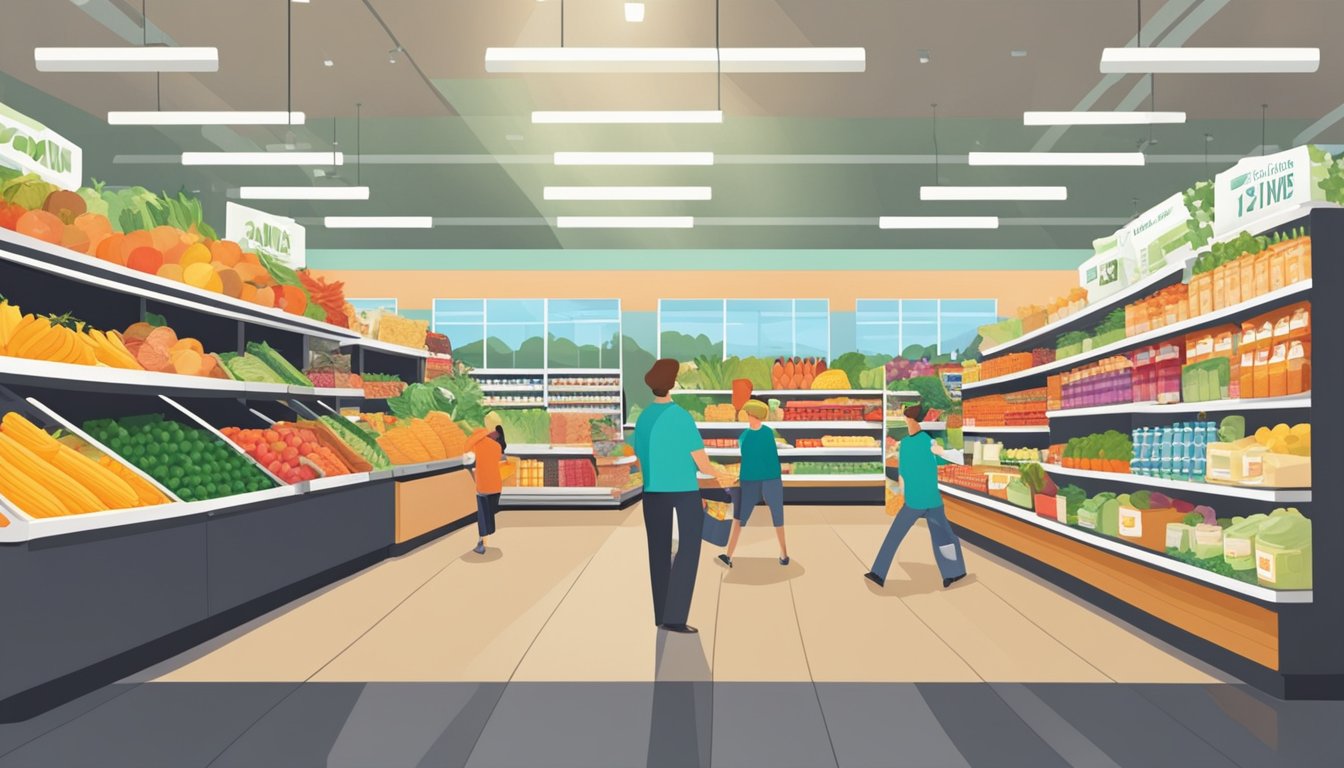 A bustling grocery store with bright, clean aisles and shelves stocked with fresh produce and products. Customers smile as they interact with friendly staff, creating a warm and welcoming atmosphere