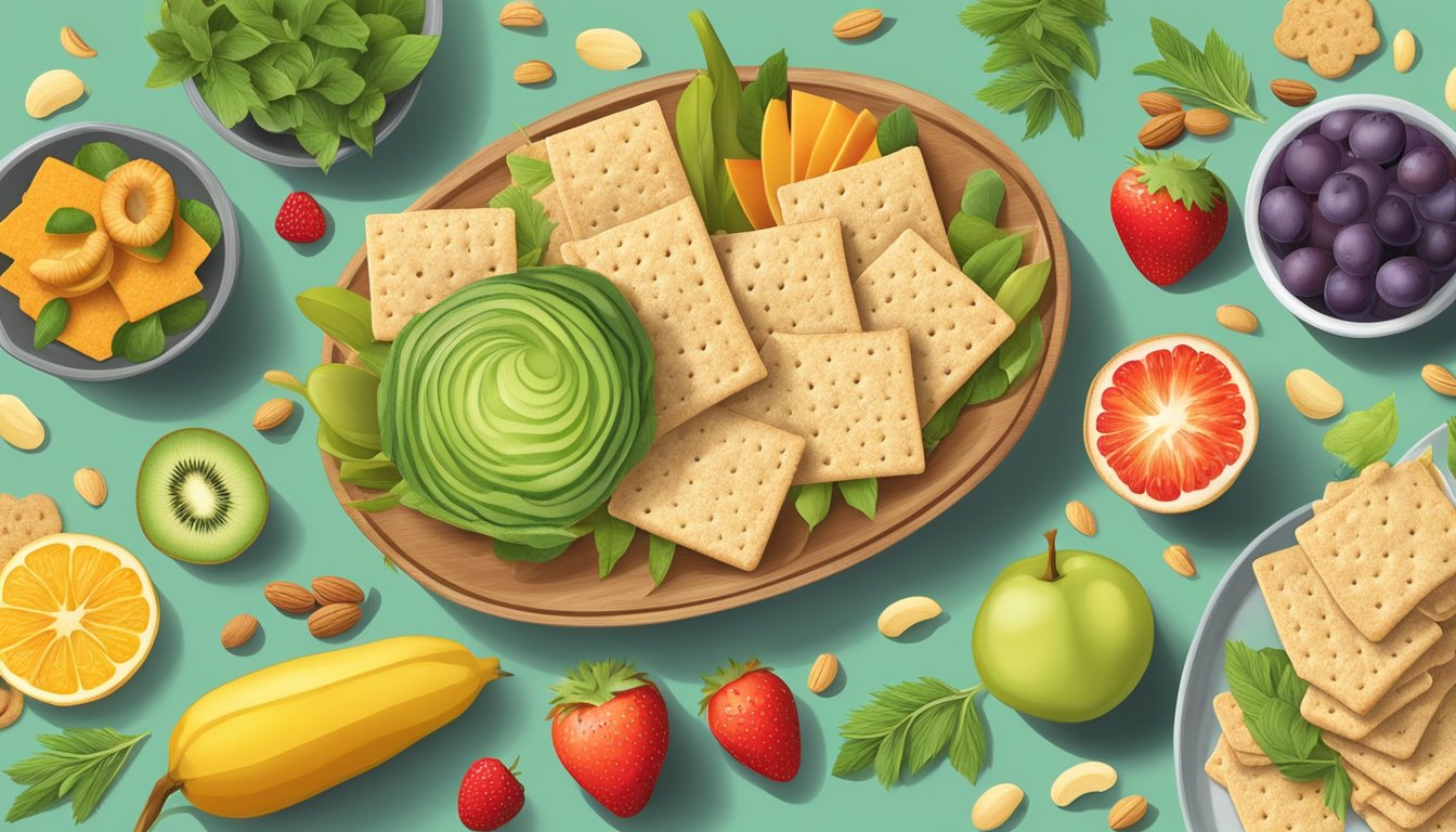 A plate of wheat crackers surrounded by various plant-based ingredients like fruits, vegetables, and nuts