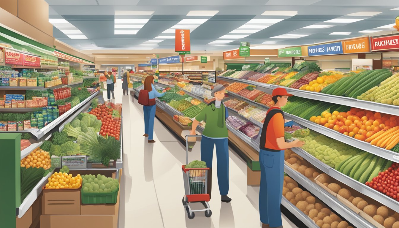 A bustling Ingles Markets store with bright, organized aisles and a wide variety of fresh produce, meats, and packaged goods. Customers happily shop and interact with friendly staff