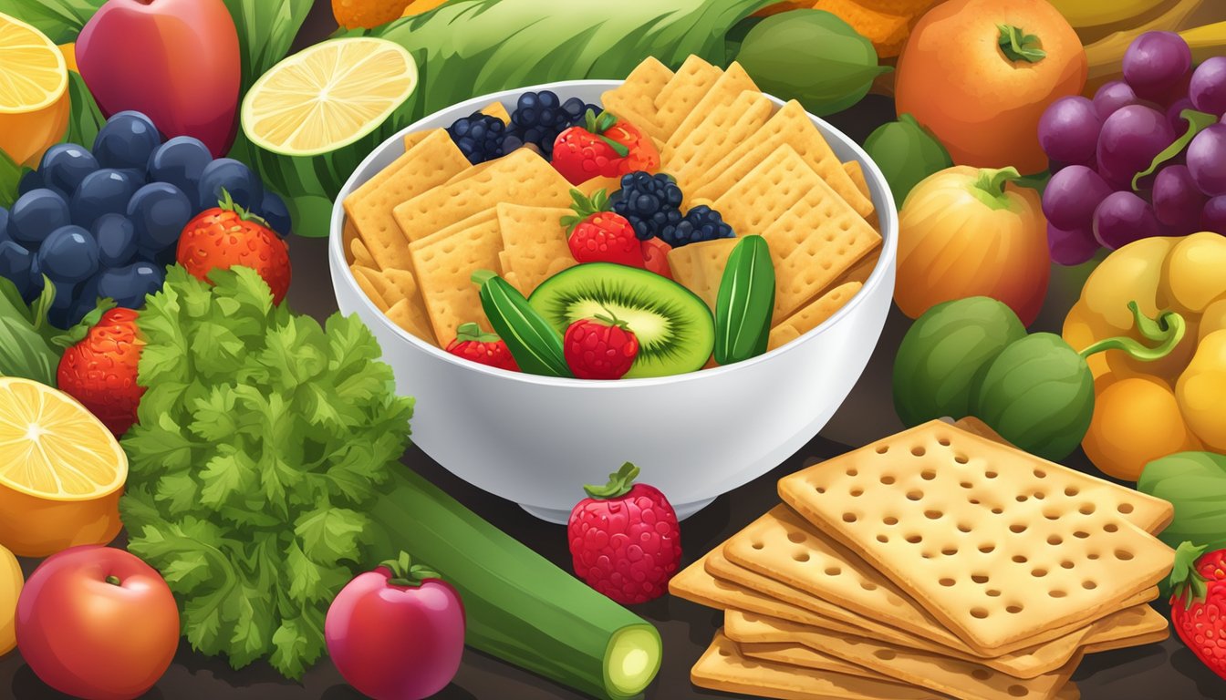 A bowl of wheat crackers surrounded by vibrant fruits and vegetables, with a spotlight shining on them to emphasize their flavor and nutritional value