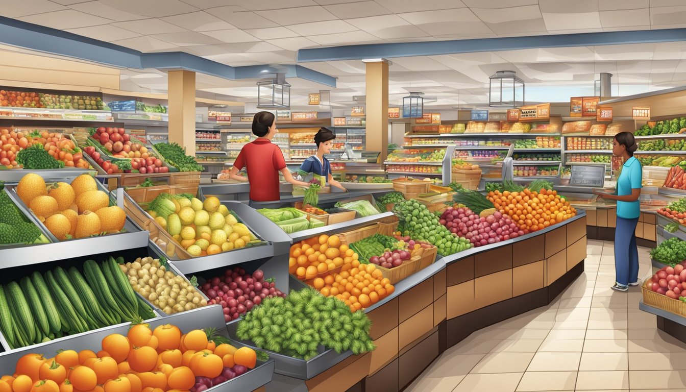 A bustling market basket store with modern architecture and vibrant displays of fresh produce, showcasing a diverse range of products and a bustling atmosphere