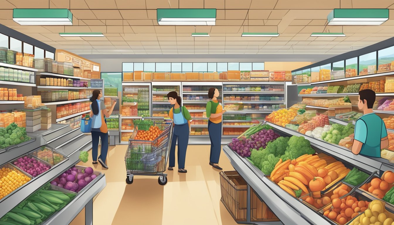 A bustling grocery store with bright, organized aisles and friendly staff assisting customers